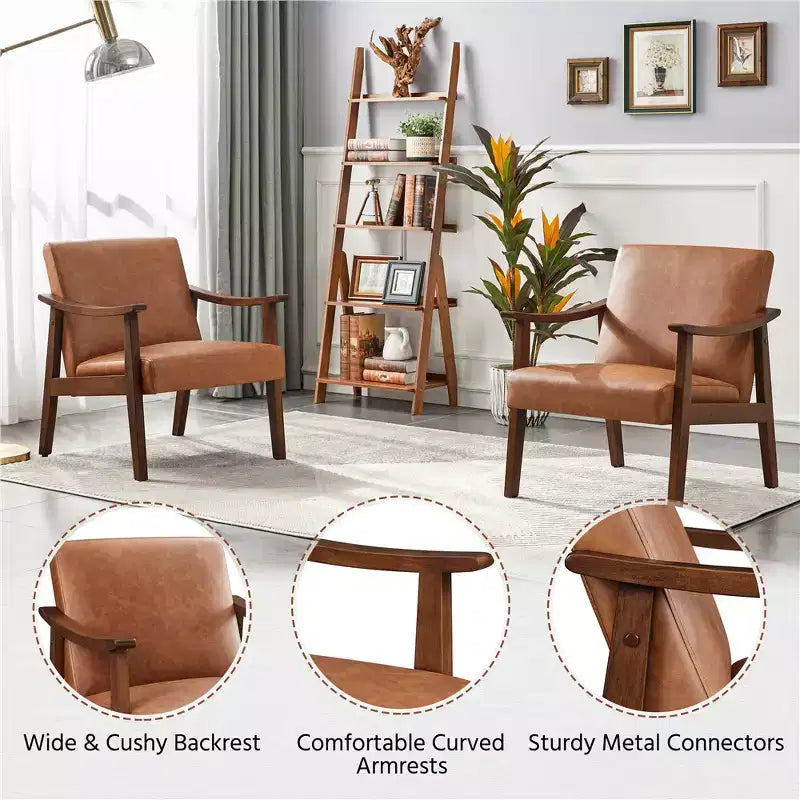 Yaheetech Lot de 2 fauteuils de salon en similicuir style Mid-Century avec pieds en bois massif pour salon, chambre, chambre d'amis