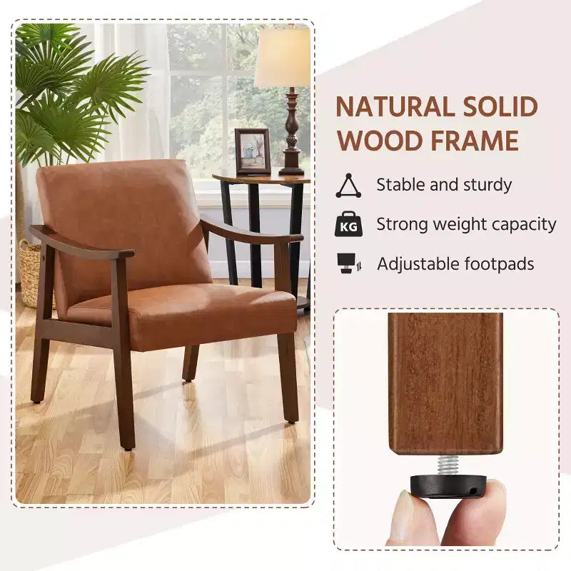Yaheetech Lot de 2 fauteuils de salon en similicuir style Mid-Century avec pieds en bois massif pour salon, chambre, chambre d'amis