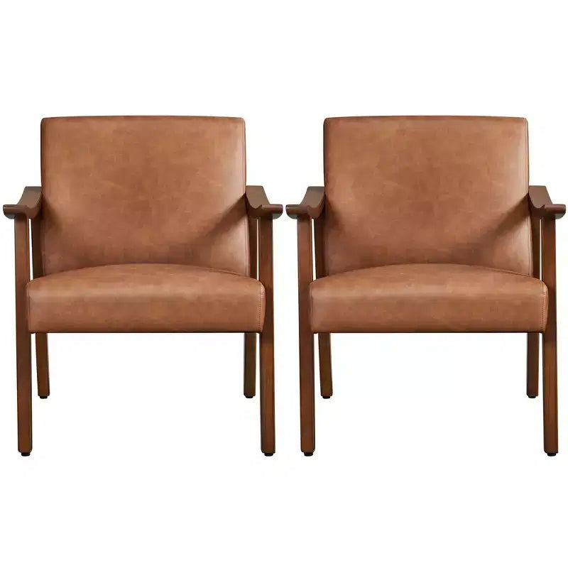 Yaheetech Lot de 2 fauteuils de salon en similicuir style Mid-Century avec pieds en bois massif pour salon, chambre, chambre d'amis