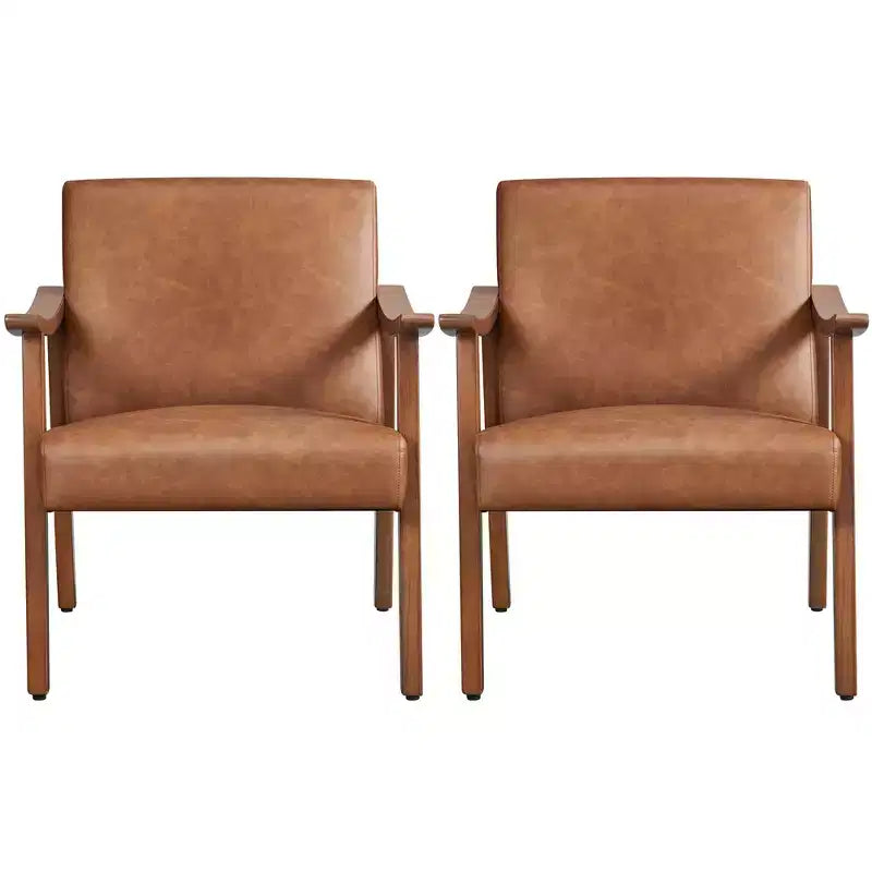Yaheetech Lot de 2 fauteuils de salon en similicuir style Mid-Century avec pieds en bois massif pour salon, chambre, chambre d'amis