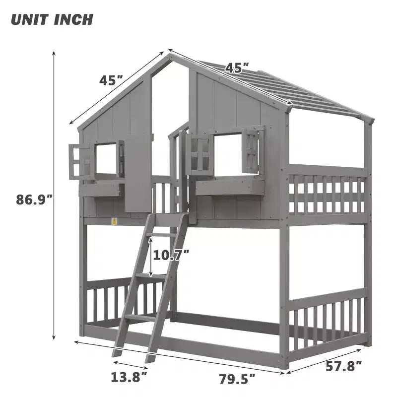 Lit superposé Whisen Twin sur Twin avec toit, fenêtre, jardinière, porte, barrières de sécurité et échelle