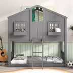 Lit superposé Whisen Twin sur Twin avec toit, fenêtre, jardinière, porte, barrières de sécurité et échelle