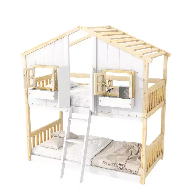 Lit superposé Whisen Twin sur Twin avec toit, fenêtre, jardinière, porte, barrières de sécurité et échelle