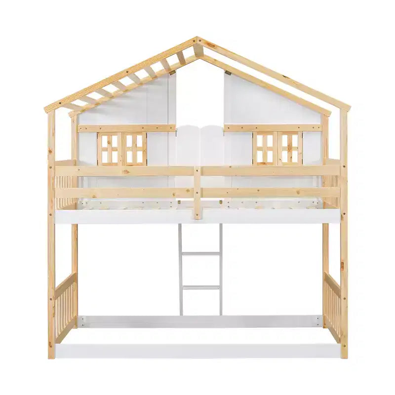 Lit superposé Whisen Twin sur Twin avec toit, fenêtre, jardinière, porte, barrières de sécurité et échelle