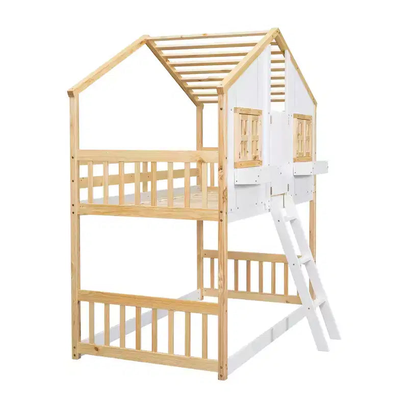 Lit superposé Whisen Twin sur Twin avec toit, fenêtre, jardinière, porte, barrières de sécurité et échelle