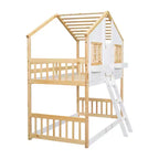Lit superposé Whisen Twin sur Twin avec toit, fenêtre, jardinière, porte, barrières de sécurité et échelle