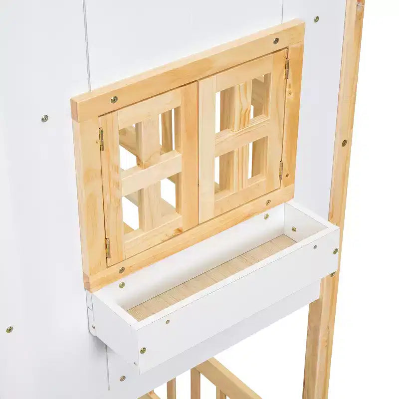 Lit superposé Whisen Twin sur Twin avec toit, fenêtre, jardinière, porte, barrières de sécurité et échelle