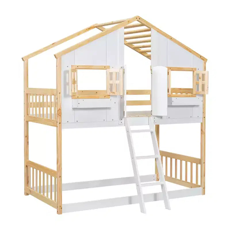 Lit superposé Whisen Twin sur Twin avec toit, fenêtre, jardinière, porte, barrières de sécurité et échelle