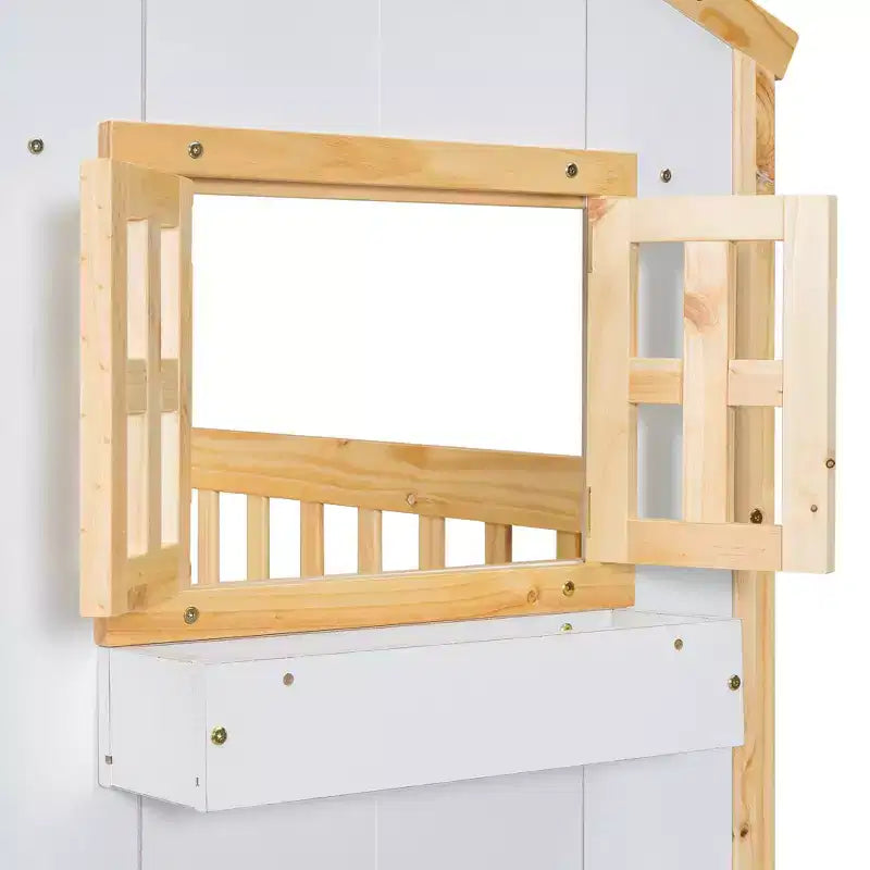 Lit superposé Whisen Twin sur Twin avec toit, fenêtre, jardinière, porte, barrières de sécurité et échelle