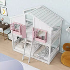Lit superposé Whisen Twin sur Twin avec toit, fenêtre, jardinière, porte, barrières de sécurité et échelle