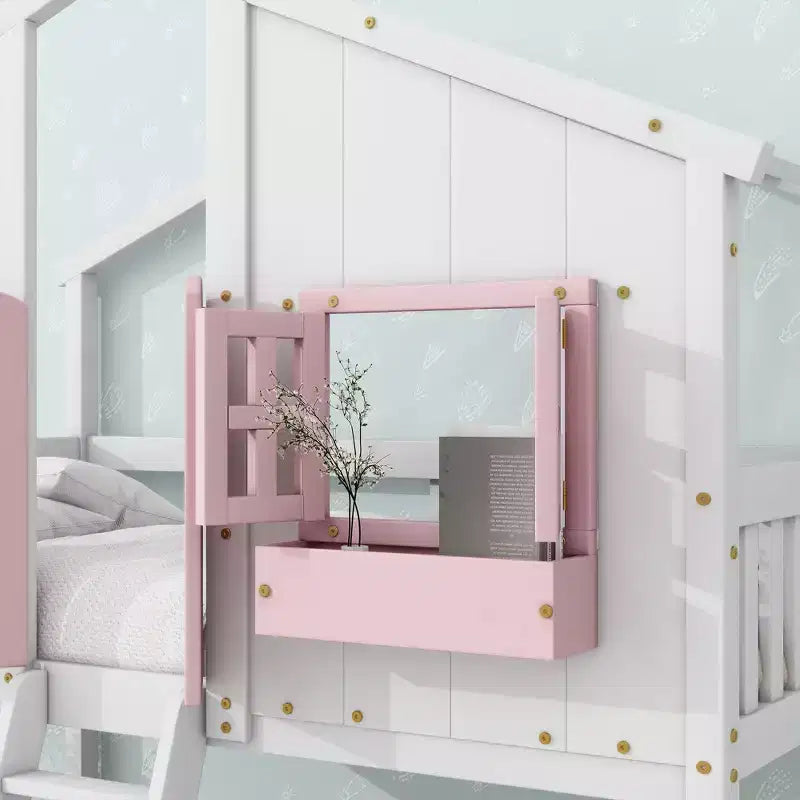 Lit superposé Whisen Twin sur Twin avec toit, fenêtre, jardinière, porte, barrières de sécurité et échelle