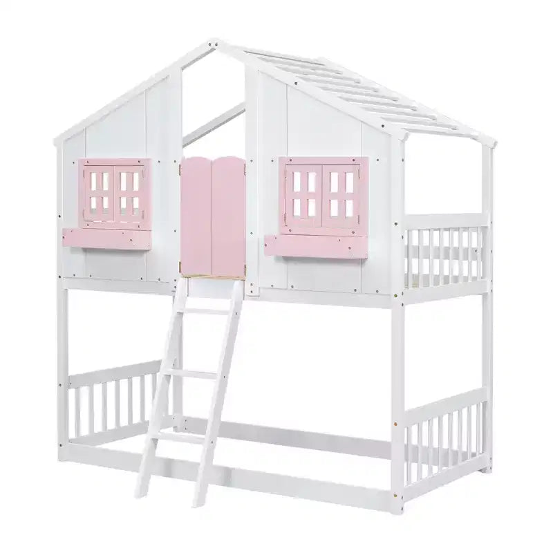 Lit superposé Whisen Twin sur Twin avec toit, fenêtre, jardinière, porte, barrières de sécurité et échelle