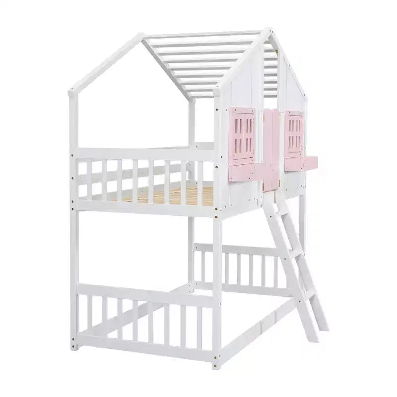 Lit superposé Whisen Twin sur Twin avec toit, fenêtre, jardinière, porte, barrières de sécurité et échelle