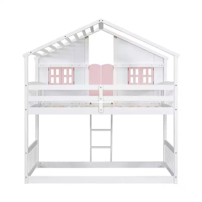 Lit superposé Whisen Twin sur Twin avec toit, fenêtre, jardinière, porte, barrières de sécurité et échelle