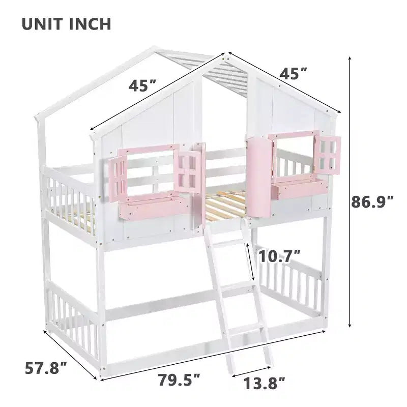 Lit superposé Whisen Twin sur Twin avec toit, fenêtre, jardinière, porte, barrières de sécurité et échelle