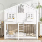 Lit superposé Whisen Twin sur Twin avec toit, fenêtre, jardinière, porte, barrières de sécurité et échelle