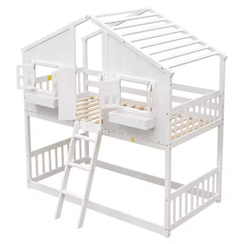 Lit superposé Whisen Twin sur Twin avec toit, fenêtre, jardinière, porte, barrières de sécurité et échelle