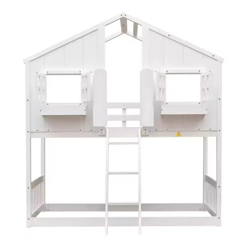 Lit superposé Whisen Twin sur Twin avec toit, fenêtre, jardinière, porte, barrières de sécurité et échelle