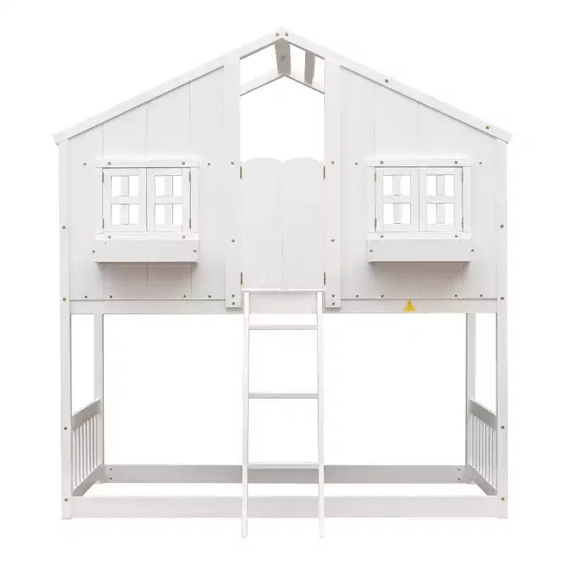 Lit superposé Whisen Twin sur Twin avec toit, fenêtre, jardinière, porte, barrières de sécurité et échelle