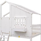 Lit superposé Whisen Twin sur Twin avec toit, fenêtre, jardinière, porte, barrières de sécurité et échelle