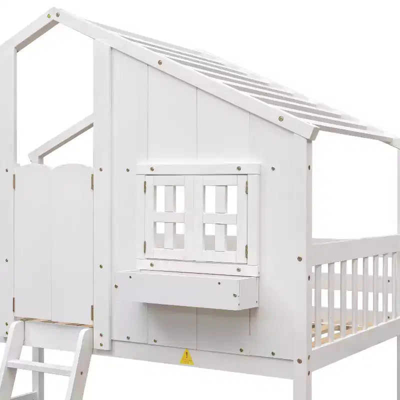 Lit superposé Whisen Twin sur Twin avec toit, fenêtre, jardinière, porte, barrières de sécurité et échelle
