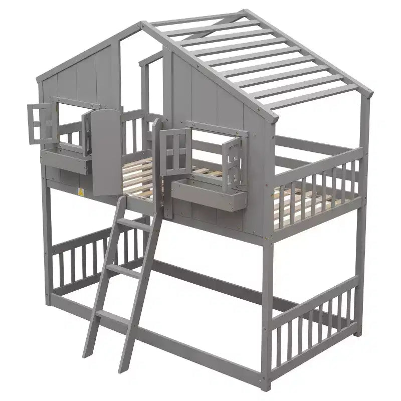Lit superposé Whisen Twin sur Twin avec toit, fenêtre, jardinière, porte, barrières de sécurité et échelle