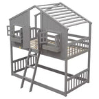 Lit superposé Whisen Twin sur Twin avec toit, fenêtre, jardinière, porte, barrières de sécurité et échelle