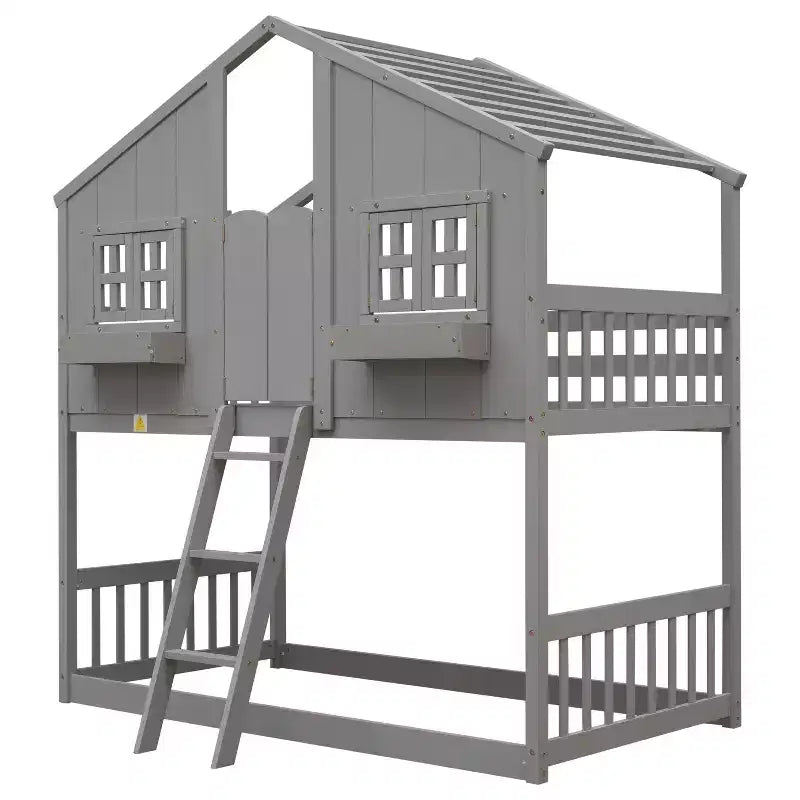 Lit superposé Whisen Twin sur Twin avec toit, fenêtre, jardinière, porte, barrières de sécurité et échelle