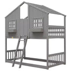 Lit superposé Whisen Twin sur Twin avec toit, fenêtre, jardinière, porte, barrières de sécurité et échelle
