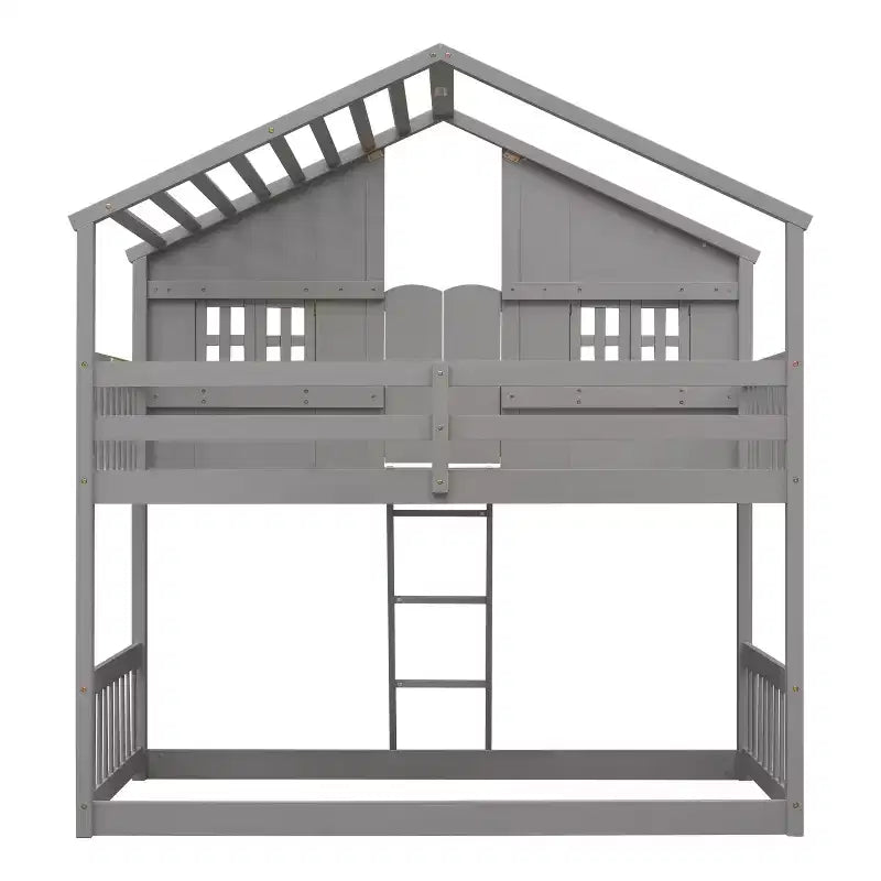 Lit superposé Whisen Twin sur Twin avec toit, fenêtre, jardinière, porte, barrières de sécurité et échelle