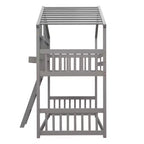 Lit superposé Whisen Twin sur Twin avec toit, fenêtre, jardinière, porte, barrières de sécurité et échelle