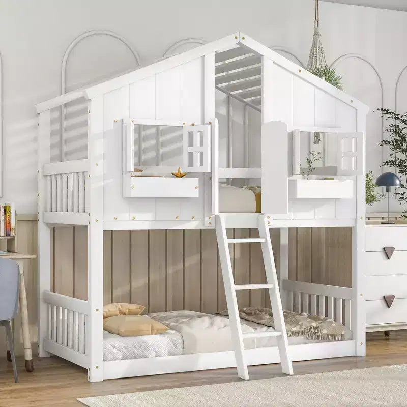 Lit superposé Whisen Twin sur Twin avec toit, fenêtre, jardinière, porte, barrières de sécurité et échelle