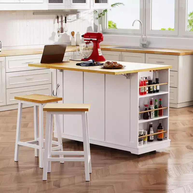 Îlot de cuisine avec abattant, prise de courant, rangement de porte, chariot roulant à 5 roues avec 5 étagères latérales ouvertes pour la cuisine et la salle à manger.