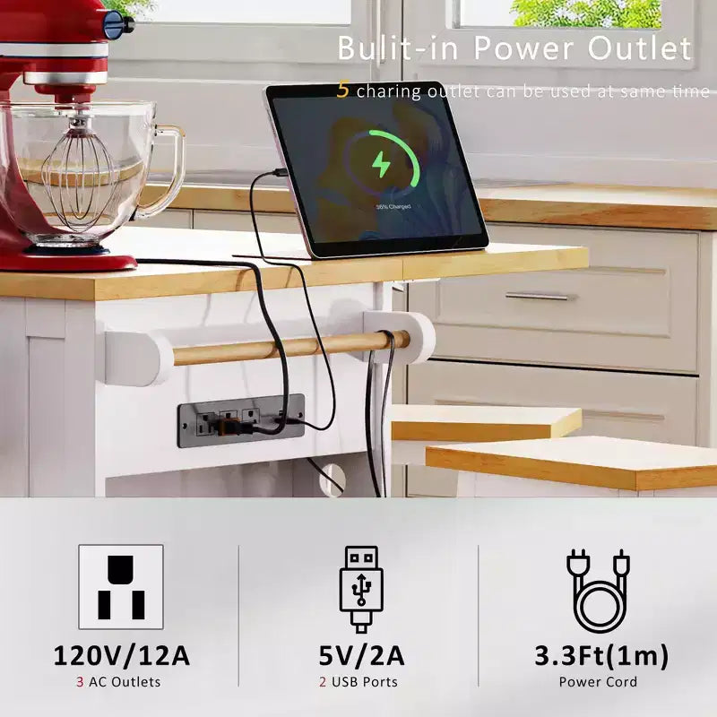 Îlot de cuisine avec abattant, prise de courant, rangement de porte, chariot roulant à 5 roues avec 5 étagères latérales ouvertes pour la cuisine et la salle à manger.