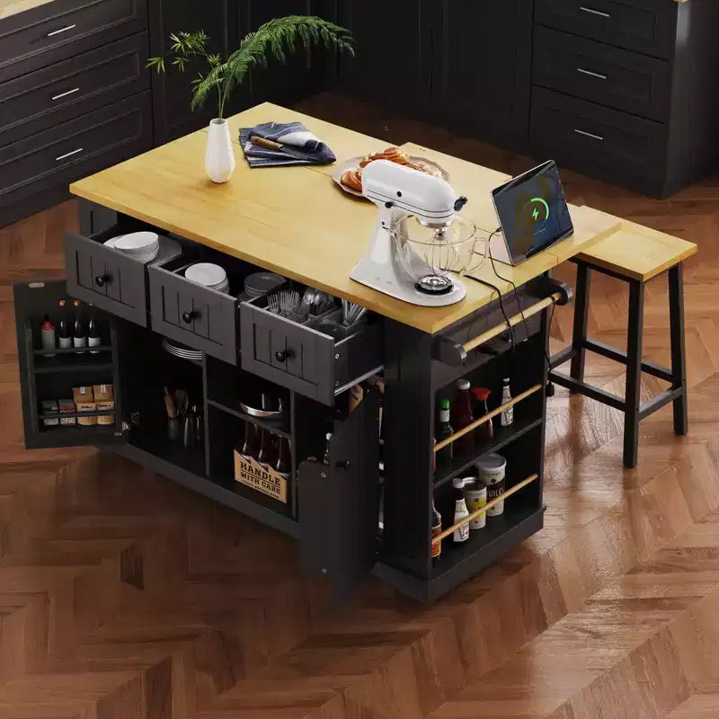 Îlot de cuisine avec abattant, prise de courant, rangement de porte, chariot roulant à 5 roues avec 5 étagères latérales ouvertes pour la cuisine et la salle à manger.