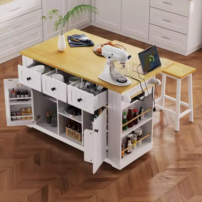 Îlot de cuisine avec abattant, prise de courant, rangement de porte, chariot roulant à 5 roues avec 5 étagères latérales ouvertes pour la cuisine et la salle à manger.