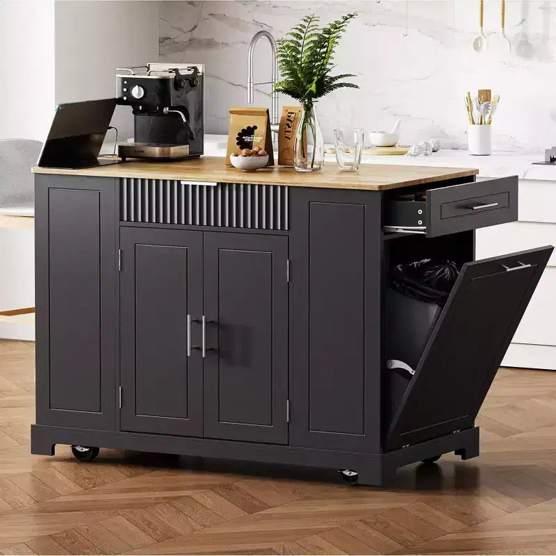 Îlots de cuisine de style classique Whisen sur 5 roulettes avec 3 tiroirs et 3 étagères latérales ouvertes