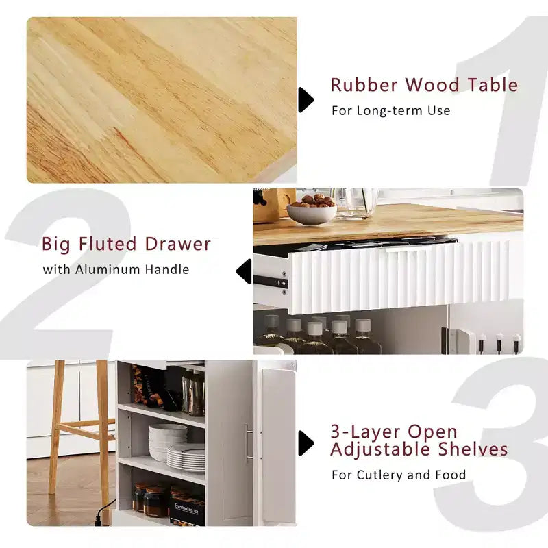 Îlots de cuisine de style classique Whisen sur 5 roulettes avec 3 tiroirs et 3 étagères latérales ouvertes