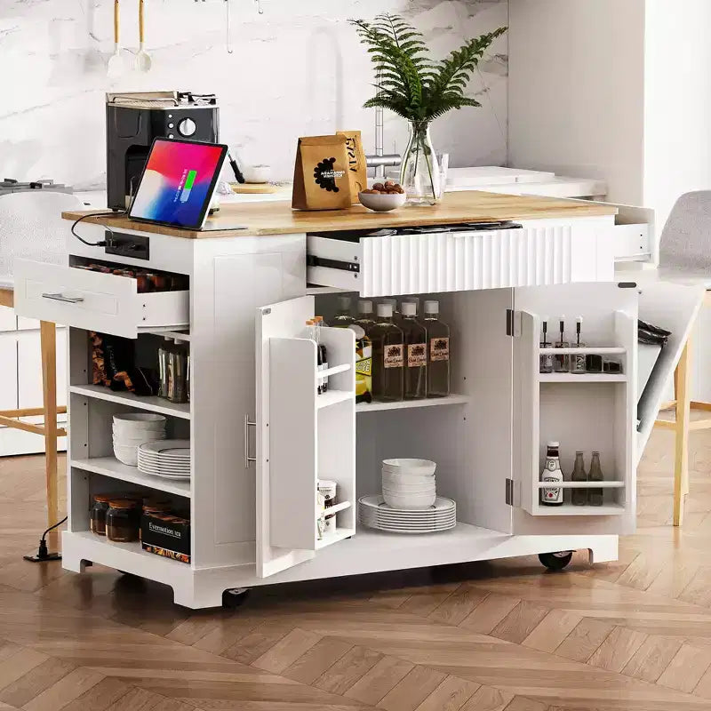 Îlots de cuisine de style classique Whisen sur 5 roulettes avec 3 tiroirs et 3 étagères latérales ouvertes