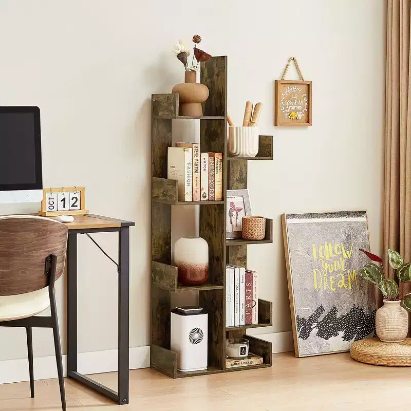 Étagère à Livres Arbre VECELO, Étagère Géométrique à 8 Niveaux en Bois, Présentoir, Organiseur d'Étagères en Forme d'Arbre pour Salon et Bureau à Domicile