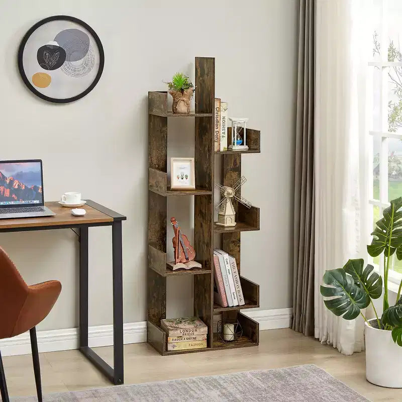 Étagère à Livres Arbre VECELO, Étagère Géométrique à 8 Niveaux en Bois, Présentoir, Organiseur d'Étagères en Forme d'Arbre pour Salon et Bureau à Domicile