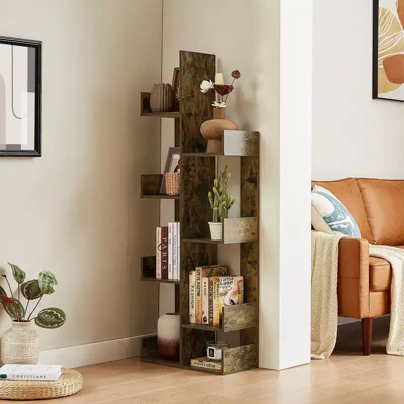 Étagère à Livres Arbre VECELO, Étagère Géométrique à 8 Niveaux en Bois, Présentoir, Organiseur d'Étagères en Forme d'Arbre pour Salon et Bureau à Domicile