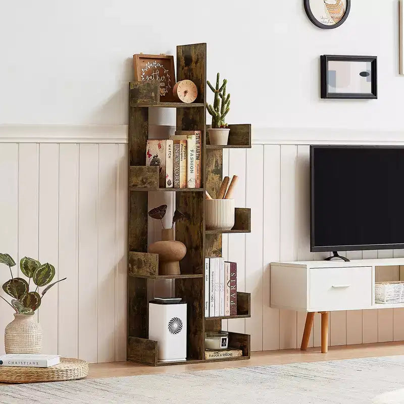 Étagère à Livres Arbre VECELO, Étagère Géométrique à 8 Niveaux en Bois, Présentoir, Organiseur d'Étagères en Forme d'Arbre pour Salon et Bureau à Domicile