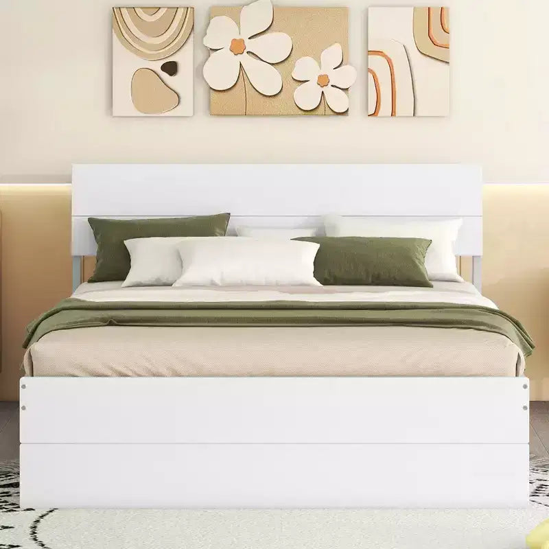 Cadre de lit double moderne Whisen avec tête et pied de lit blanc brillant, avec lit gigogne ou tiroirs, design peu encombrant