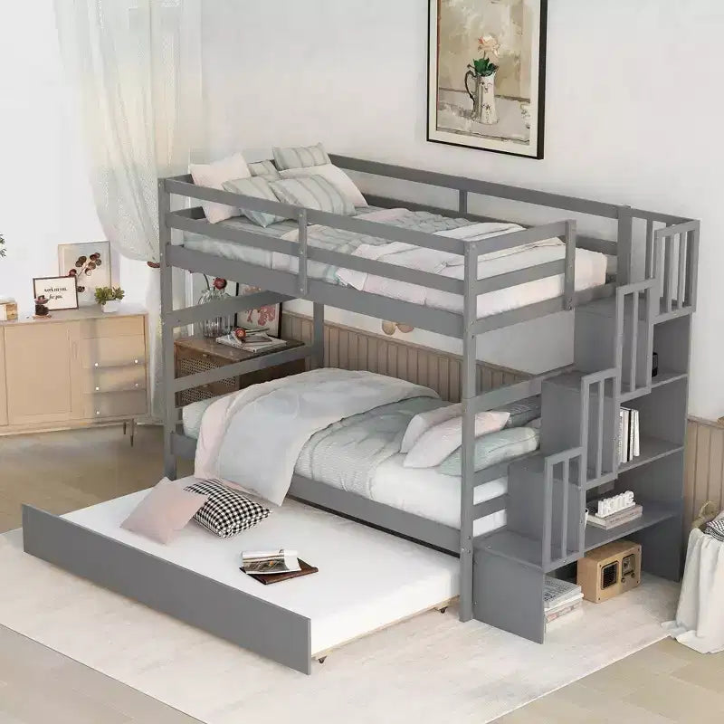 Lits superposés Whisen Twin sur Twin avec lit gigogne Twin et escalier de rangement