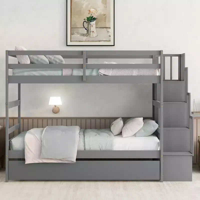 Lits superposés Whisen Twin sur Twin avec lit gigogne Twin et escalier de rangement
