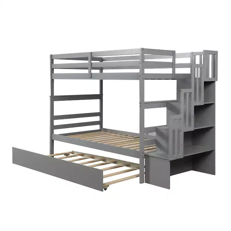Lits superposés Whisen Twin sur Twin avec lit gigogne Twin et escalier de rangement