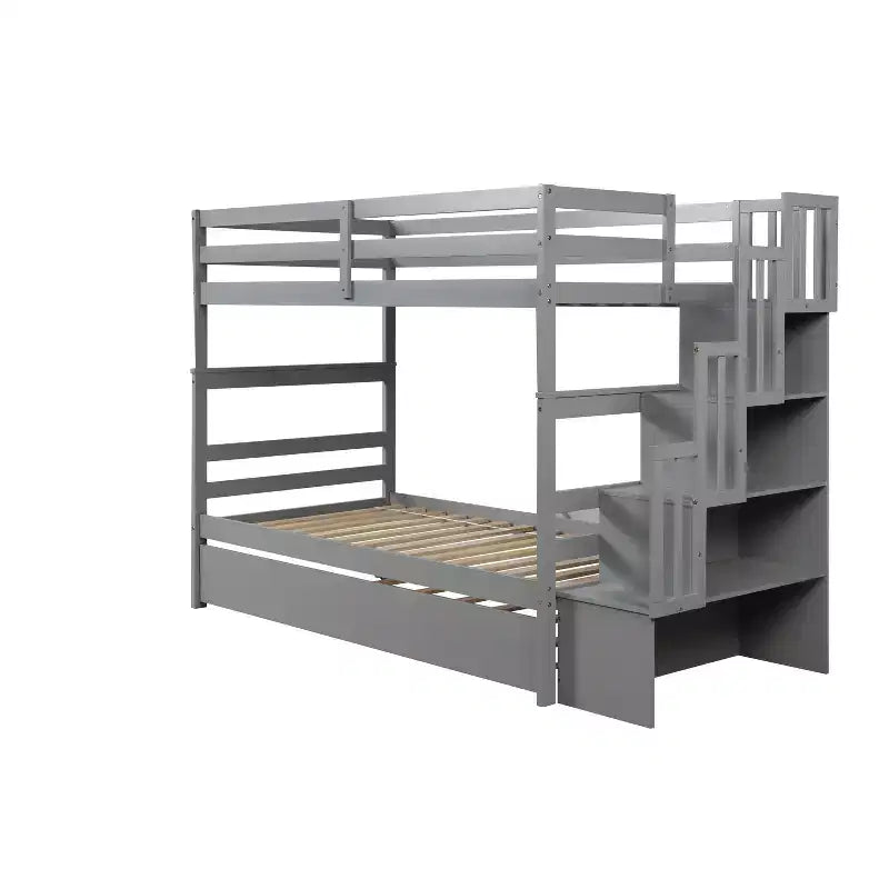 Lits superposés Whisen Twin sur Twin avec lit gigogne Twin et escalier de rangement
