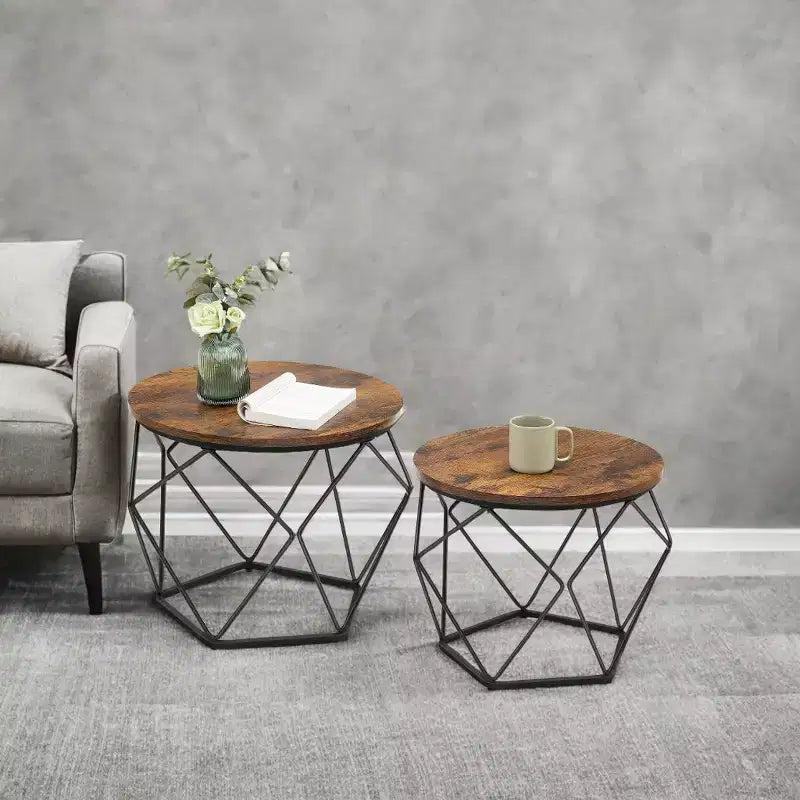 Lot de 2 petites tables basses rondes avec cadre en acier, tables d'appoint pour salon, chambre, bureau, marron rustique et noir encre.