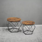 Lot de 2 petites tables basses rondes avec cadre en acier, tables d'appoint pour salon, chambre, bureau, marron rustique et noir encre.